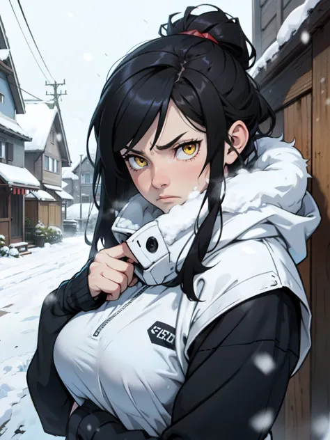 muscular girl thick breasts black hair yellow eyes pale skin best quality sad frown cold cold cold snow winter