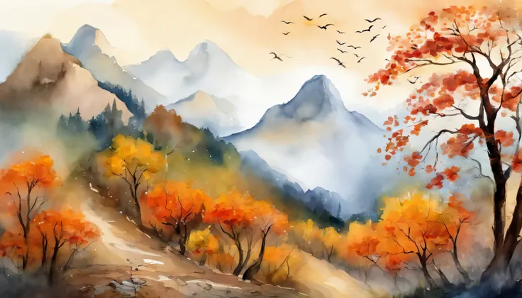 Intricate forest painting details , cloud, vibrant with colors, high contrast, Mountain, Vector line art, orange highlights, concept art, stamp, pad, high quality, Bode and Bode,flower painting, 有Money叶和银叶, Money花, Money