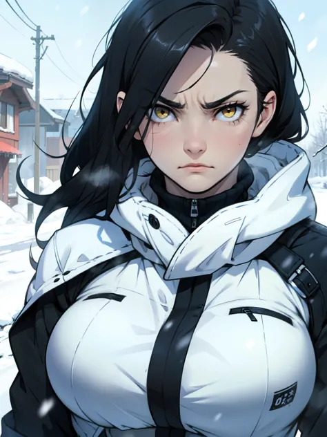 muscular girl thick breasts black hair yellow eyes pale skin best quality sad frown cold cold cold snow winter