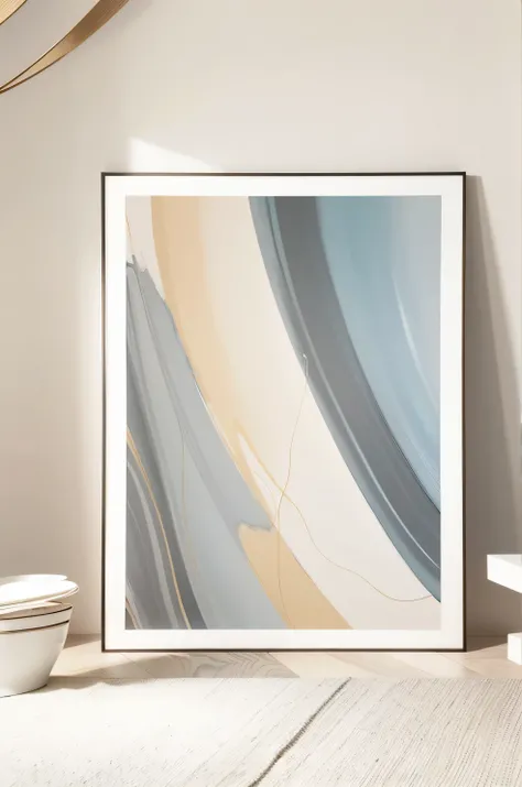 Close-up of a painting on the wall,  curve watercolor, Engraved Marble Textured Silk Cloth, abstract minimalist painting, modern art style, Light gray blue and gold, abstract minimalist line art, Abstract minimalist art painting, canvas art print, Soft wat...