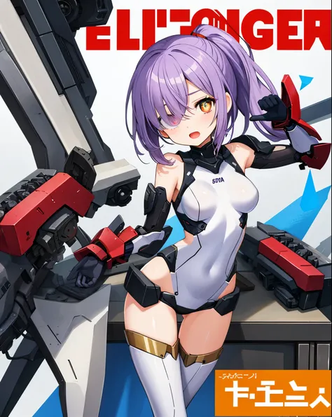 Japanese_anime_style,1figure_girl,(loli:1.5), (short_ponytail:1.3), (light_whitish_purple_hair:1.3),black_mechanical_armor_parts,white_breasts_parts_red_black_body_suit,bare_shoulder,bare_slender_thighs,medium_breasts,on_the_desk, desk_background,Stinging_...