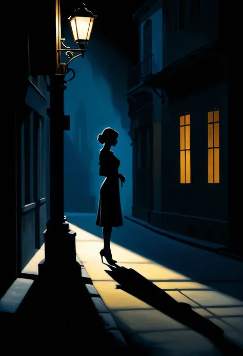 Side silhouette under streetlight, Beautiful woman shadow,high contrast,  movie lighting, Enigmatic Atmosphere, theatrical shadow,  Artistic medium: painting [The color is black, theatrical, high contrast], best quality, Super detailed, Realistic style, Mo...