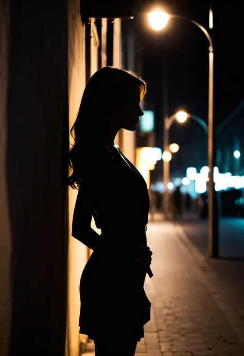 Side face silhouette，Under street lighteautiful woman shadow,