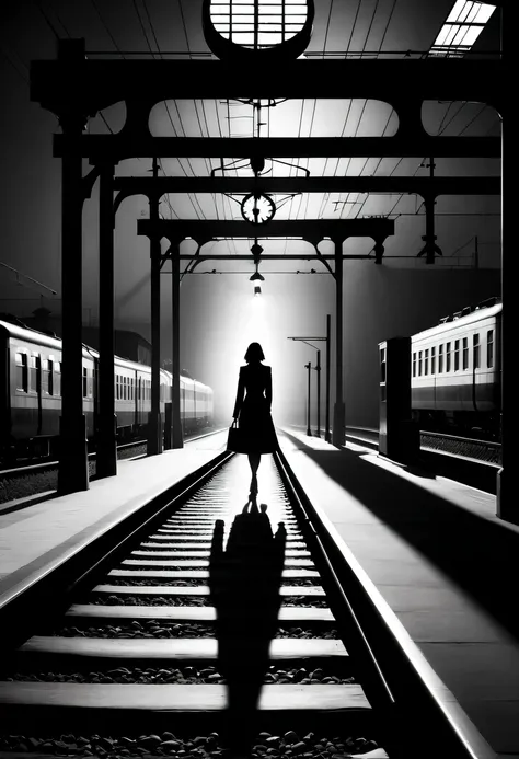 train station silhouette,beautiful woman shadow,best quality,high contrast,black and white photography,dramatic lighting,retro movie aesthetics,abstract lines and shapes,The train tracks extend into the distance,Enigmatic Atmosphere