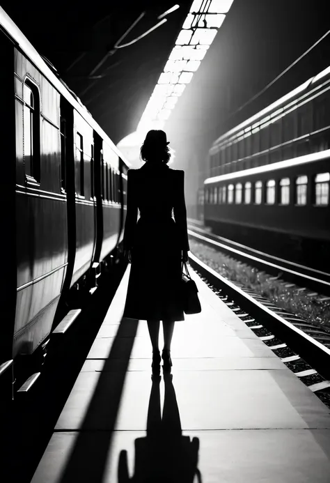 train station silhouette,beautiful woman shadow,best quality,high contrast,black and white photography,dramatic lighting,retro movie aesthetics,abstract lines and shapes,The train tracks extend into the distance,Enigmatic Atmosphere