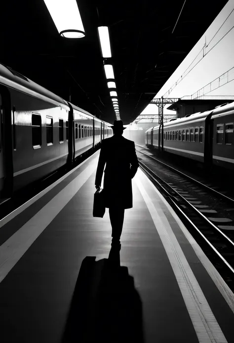 train station silhouette,Black and white,commuter shadow,best quality,high contrast,Black and white photography,dramatic lighting,retro movie aesthetics,abstract lines and shapes,The train tracks extend into the distance,Enigmatic Atmosphere