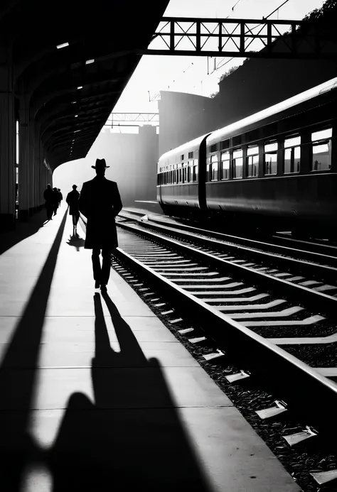 railway station silhouette,Black and white,commuter shadow,best quality,high contrast,Black and white photography,dramatic lighting,retro movie aesthetics,abstract lines and shapes,The train tracks extend into the distance,Enigmatic Atmosphere