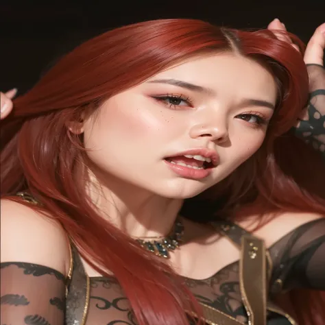 um close up de uma mulher com cabelos ruivos e tatuagens, portrait of jossi do blackpink, even model | Arte Germe, parque roseanne de blackpink, Sun Yunjoo, maquiagem sul-coreana popular, inspirado em Yanjun Cheng, jossi do blackpink, Arte Germe and ruan j...