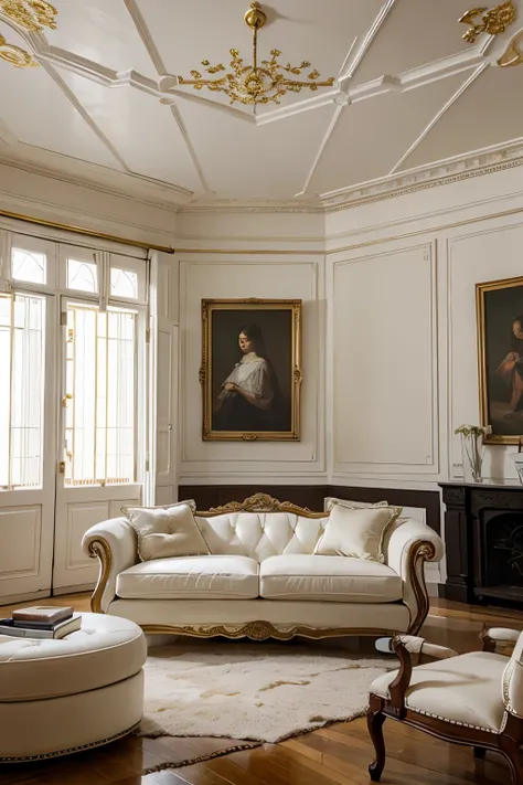 SMALL PAINTING ABOVE VERY EXPENSIVE SOFA. LARGE LIVING ROOM, MANSION. PAREDES BLANCAS