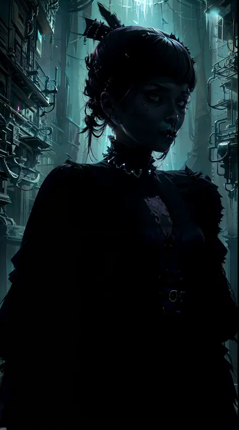 Official Art, Unity 8k wallpaper, ultra-detailed, beautiful, beautiful, ((New Goth gal:1.4)), masterpiece, best quality, dark, atmospheric, mystical, romantic, creepy, literature, art, fashion, victorian, decoration, intricate, ironwork, lace, contemplatio...