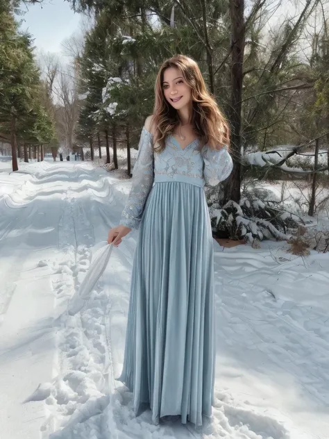 In a snow-covered forest at late afternoon, the 29-year-old European woman wears a long light gray winter coat, showcasing her perfect body in form-fitting jeans and high-heeled boots. Wrapped in cute winter accessories in soft pastel tones, she interacts ...