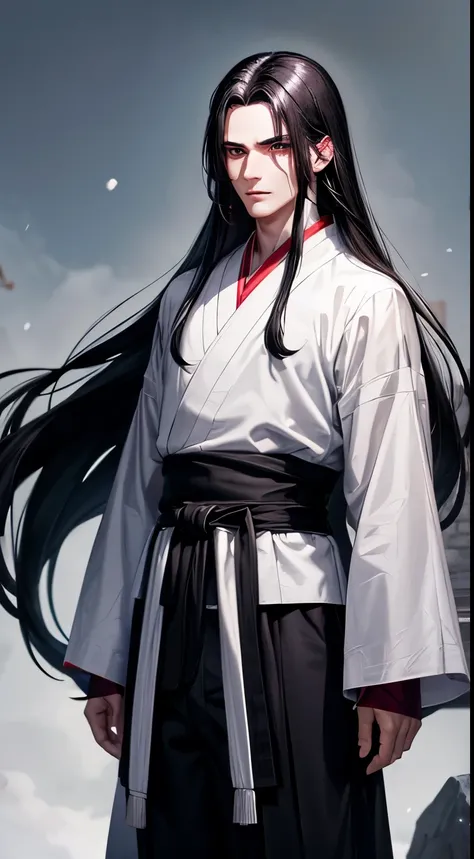 A snow-white man with long black hair, black eyes, has a red mole in the center of his forehead, wears black martial arts clothing with a purple sash wrapped around his waist, is looking to the side. Xuanhuan, anime.