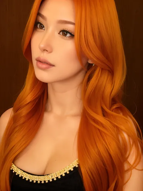 um close up de uma mulher com longos cabelos vermelhos e um vestido preto, she has long redorange hair, cabelo laranja brilhante, long wavy orange hair, ela tem longos cabelos castanhos alaranjados, pele laranja e cabelo ardente longo, long orange hair, Su...