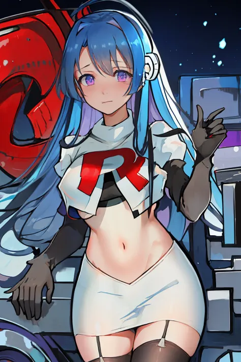 best quality, masterpiece, highres, solo, {helena_azurlane:1.15}, blue_hair, long_hair, ahoge, purple_eyes, breasts, blush, bangs, hair_ornament, medium_breasts, hair_between_eyes, 1girl, looking_at_viewer, large_breasts, team rocket,team rocket uniform,wh...