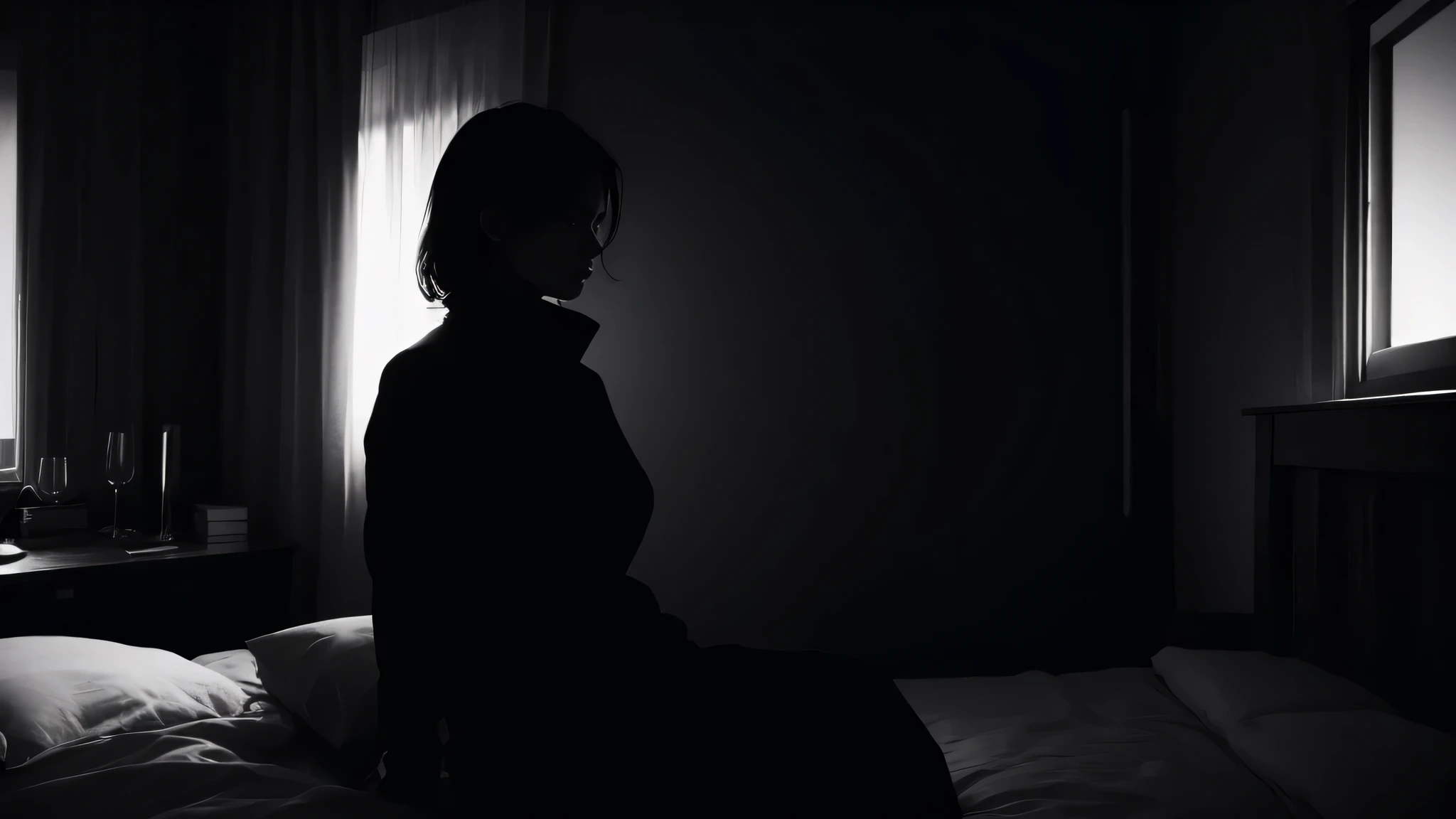 A tense figure sitting upright in bed, surrounded by darkness with a shadowy silhouette in the corner, blurry and in black and white.