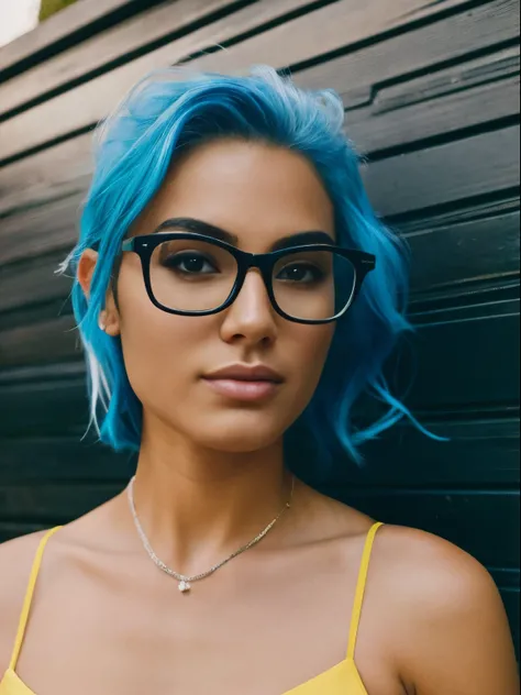 Absurd resolution, high resolution, (masterpiece: 1.4), hyper-detail, hyper-realistic, beautiful 18 year old girl with punk blue hair, glasses, happy, rage, night, light portrait, Instagram model, cleavage, beautiful latin face, beautiful body and face, be...