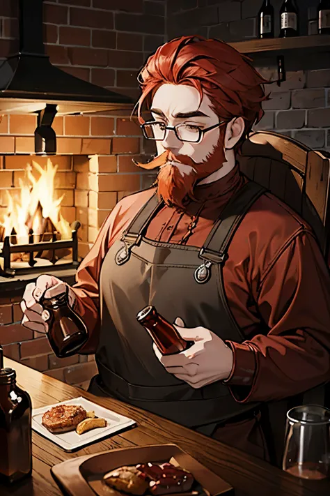 A dwarf with a red beard, in a brown leather apron, with glasses, against the background of a bottle and a stove