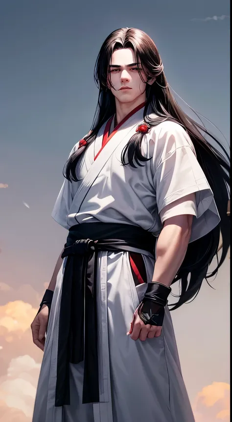 A snow-white man with long black hair, black eyes, has a red mole in the center of his forehead, wears black martial arts clothing with a purple sash wrapped around his waist, is looking to the side. Xuanhuan, anime.