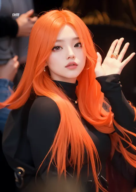 a close up of a person com longos cabelos ruivos and a ring, she has long redorange hair, ela tem longos cabelos castanhos alaranjados, jossi do blackpink, portrait of jossi do blackpink, long orange hair, tzuyu de duas vezes, cabelo laranja brilhante, com...