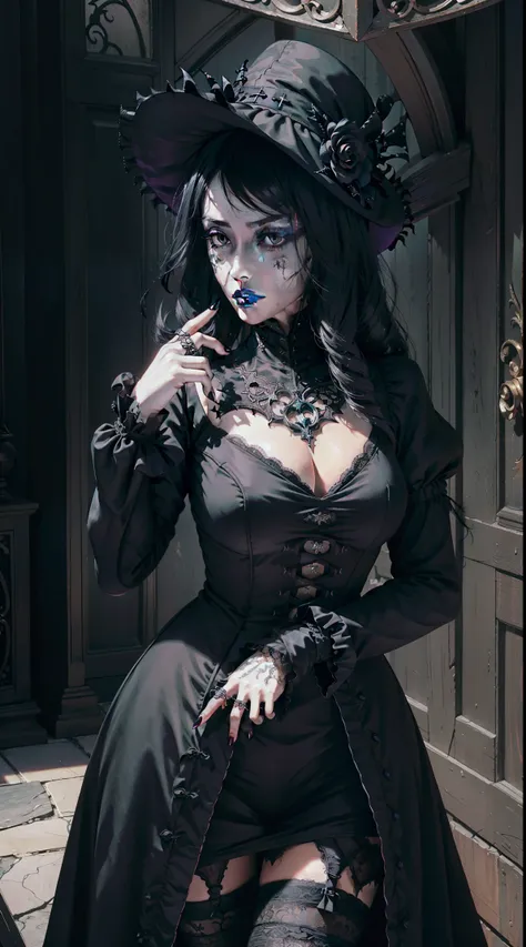 Official Art, Unity 8k wallpaper, ultra-detailed, beautiful, beautiful, ((New Goth gal:1.4)), masterpiece, best quality, dark, atmospheric, mystical, romantic, creepy, literature, art, fashion, victorian, decoration, intricate, ironwork, lace, contemplatio...