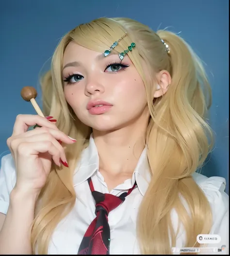 Mujer de pelo rubio con una paleta en la boca y una corbata., chica anime in real life, retrato de kim petras, a colegiala hiperrealista, colegiala hiperrealista, Anime hiperrealista, chica anime , bella delfina, parada cuatro, Portrait of the Japanese gya...