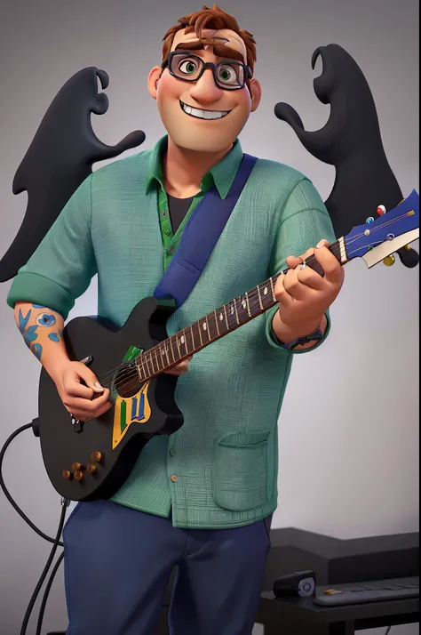 cartoon character of a man with black glasses and a green shirt playing guitar, animation character, Caractere estilizado, animation style rendering, 3D estilizado, Arnold Maya render, 3d stylized rendering, toon rendering keyshot, Personagem 3D, Personage...