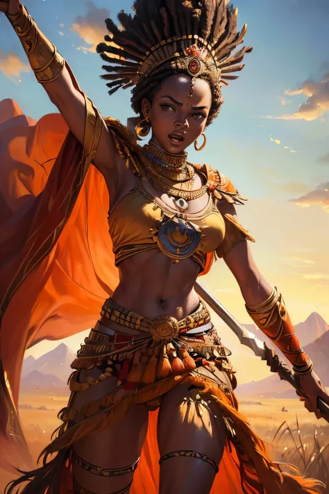 (masterpiece, UHD, oil painting, realistic, Greg Rutkowski style:1.3), Queen Nzinga, (17th-century African warrior attire:1.2), adorned with tribal jewelry, fierce expression, wielding a spear, African savannah background, setting sun, (warm hues of orange...