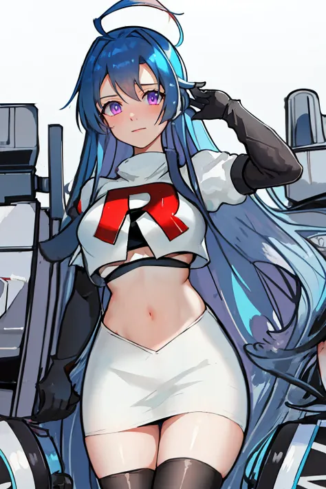 best quality, masterpiece, highres, solo, {helena_azurlane:1.15}, blue_hair, long_hair, ahoge, purple_eyes, breasts, blush, bangs, hair_ornament, medium_breasts, hair_between_eyes, 1girl, looking_at_viewer, large_breasts, team rocket,team rocket uniform,wh...