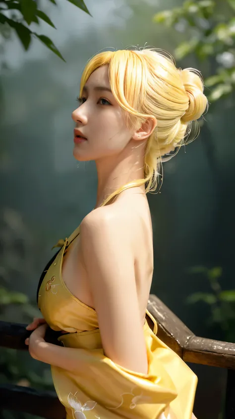 (best quality, masterpiece, perfect face, detailed simmetric eyes), (Light yellow hair :1.3), 20 year old European girl, flirting smile with POV, in traditional Japanese gold&black kimono, (back view pose:1.2) ultra detailed kimono textures , high contrast...