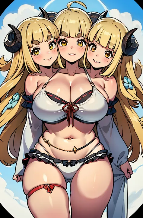 (3heads:1.3), 1girl, (anisum bikini:1.1), dynamic, pov, smile, v-shaped eyebrows, establish , tilt frame, blonde hair, horns, cu...