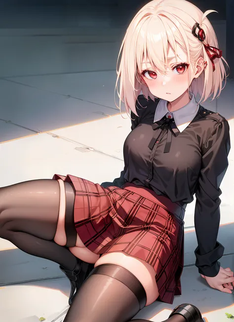 masterpiece, high quality, best quality, one girl,platinum blonde,medium hair,red eyes
 , Middle chest, Black tied shirt, Plaid miniskirt, Black lace, Sweatshirt, Stockings, Skull hair clip, Makeup, Blush, Goth, Moan