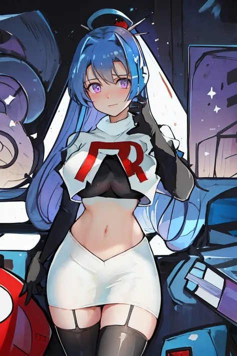 best quality, masterpiece, highres, solo, {helena_azurlane:1.15}, blue_hair, long_hair, ahoge, purple_eyes, breasts, blush, bangs, hair_ornament, medium_breasts, hair_between_eyes, 1girl, looking_at_viewer, large_breasts, team rocket,team rocket uniform,wh...