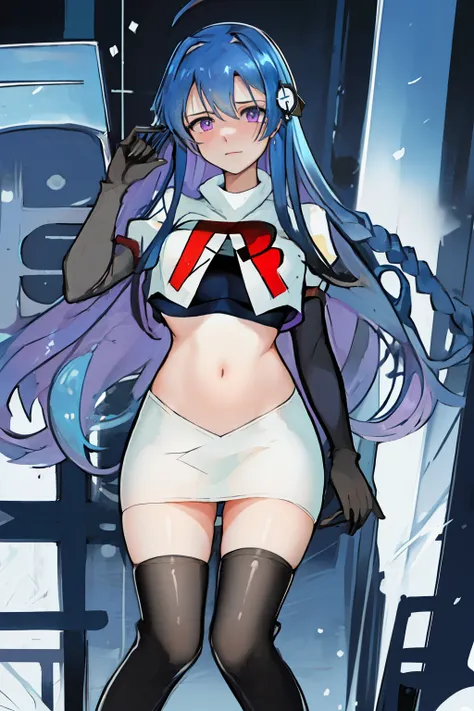 best quality, masterpiece, highres, solo, {helena_azurlane:1.15}, blue_hair, long_hair, ahoge, purple_eyes, breasts, blush, bangs, hair_ornament, medium_breasts, hair_between_eyes, 1girl, looking_at_viewer, large_breasts, team rocket,team rocket uniform,wh...