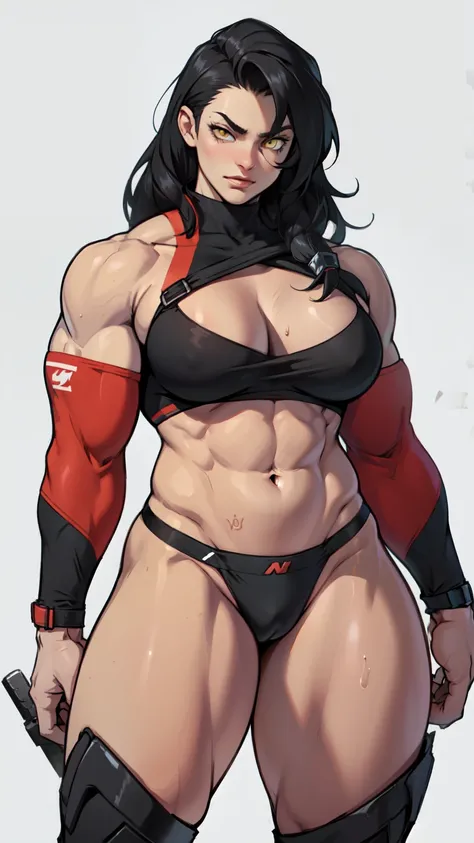 girl solo standing (((muscular girl toned body large breasts thick))) yellow eyes black hair pale skin perfect anatomy perfect anatomy perfect anatomy