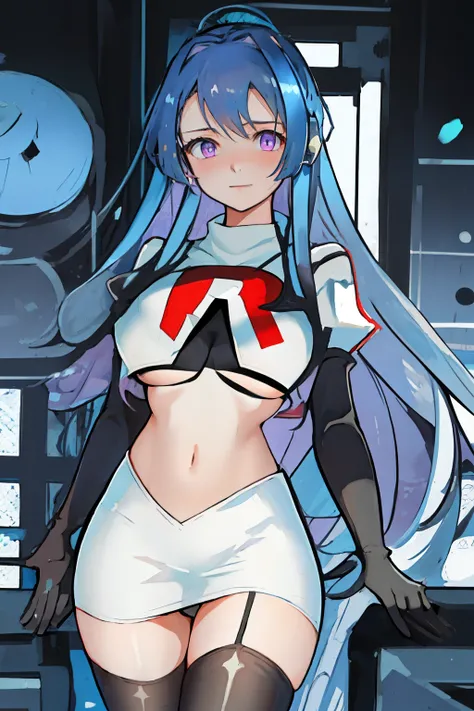 best quality, masterpiece, highres, solo, {helena_azurlane:1.15}, blue_hair, long_hair, ahoge, purple_eyes, breasts, blush, bangs, hair_ornament, medium_breasts, hair_between_eyes, 1girl, looking_at_viewer, large_breasts, team rocket,team rocket uniform,wh...