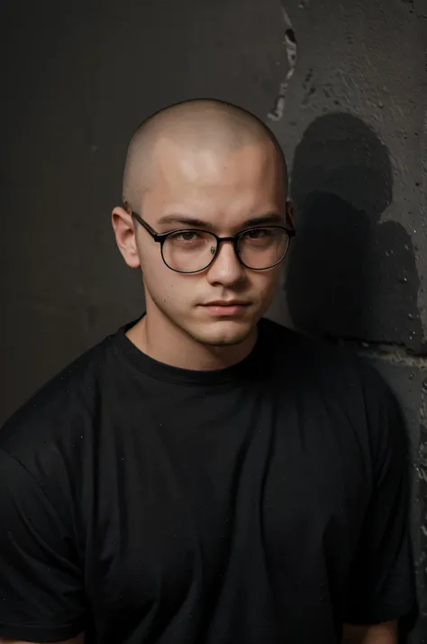 A 20-year-old boy with a shaved head and glasses, cara para o lado, it does not seem, round head, barba rala, um pouco gordo, forte, camisa preta lisa em um fundo de parede cinza, in high resolution, 35mm, sala clara, 4k.