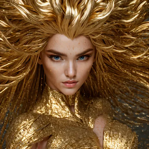 Knight of the Zodiac Aiolia de Leo, caveleira de ouro com capa branca, Saint Seya, (STYLE V-RAY!!!), CABELO REALISTA!!! (OURO BRILHANTE), (textura realista:2.0), (HDR:1.2), (4K), BLOND HAIR LONG, tiro de corpo inteiro!!!, camera low, mulher, rosto angelica...