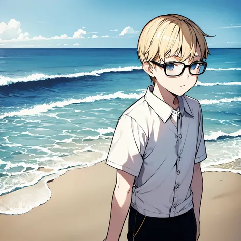 Blond hair, boy, beach shirt, glasses