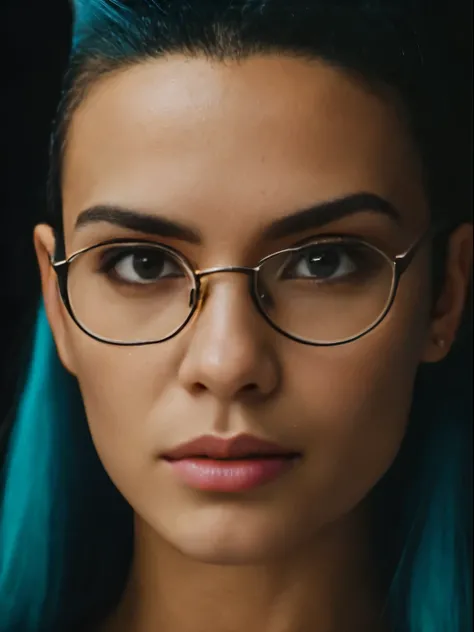 Absurd resolution, high resolution, (masterpiece: 1.4), hyper-detail, hyper-realistic, beautiful 18 year old girl with punk blue hair, glasses, angry, rage, night, light portrait, Instagram model, cleavage, beautiful latin face, beautiful body and face, be...