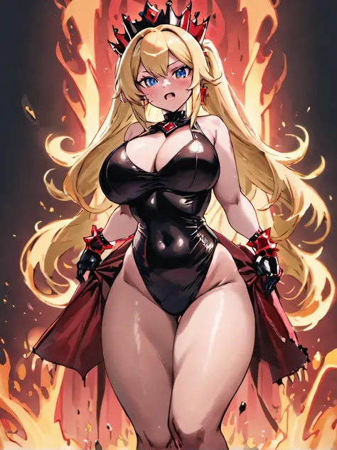 Bowsette, (big breasts: 1.6), cleavage, best quality, masterpiece portrait, (beautiful eyes: 1.2), shaded face, solo, full body, muscular body, big butt, from the side, angry, evil, black latex outfit, formal latex dress, latex gloves, latex stockings on b...