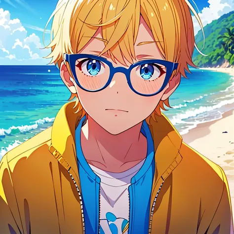 blond hair, boy, beach jacket motif, glasses, blue eyes, yellow background