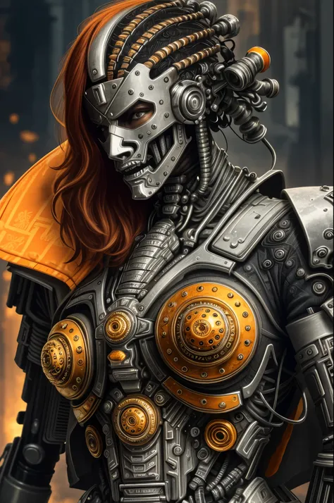 a close up symmetrical portrait of a cyberpunk gangster, biomechanical, mshn robot, splashes of orange red, hyper realistic, intricate design, (insanely detailed:1.4), (extremely fine details:1.35), Extremely sharp lines, steel, cinematic lighting, Photore...