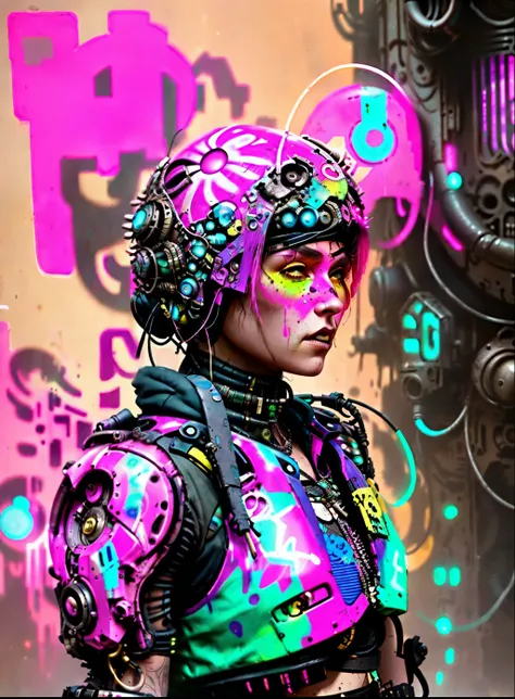 arafed woman wearing a helmet and a colorful top, cyberpunk flowerpunk, cyberpunk streetwear, wearing cyberpunk streetwear, hyper-realistic cyberpunk style, cyberpunk style ， hyperrealistic, cyberpunk style color, spraypainted bodypaint graffiti, cyberpunk...