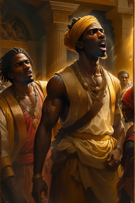 Group of black African men, with typical African clothing, arguing, angry, tense faces, chaotic atmosphere, place with Athens school style architecture, panoramic image, cinematic, dark lighting, rays of light, 1800s, African symbology and gold. painting, ...