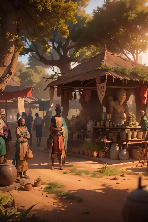 An African kingdom of the 19th century full of African people, African markets, vegetation, African sculptures,  beautiful sunrise shining, with beautiful iridescent light, artgerm style, 32k, ultra HD, unreal engine rendered, hyper-realistic image --auto ...