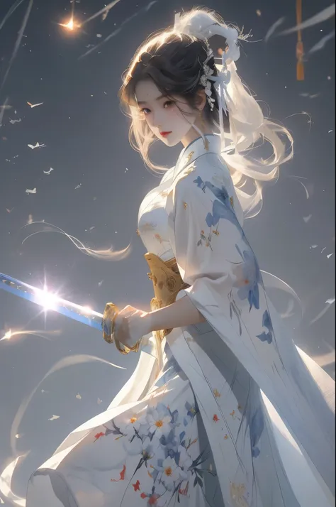 Masterpiece, A high resolution, ( female swordsman is holding a sword: 1.2), (handing a sword: 1.4), (full body shot), (revealing long legs), (White Horse Face Skirt Hanfu), (White Chinese Hanfu Mamianqun), slim figure,  detailed jewelry, lovely face, real...