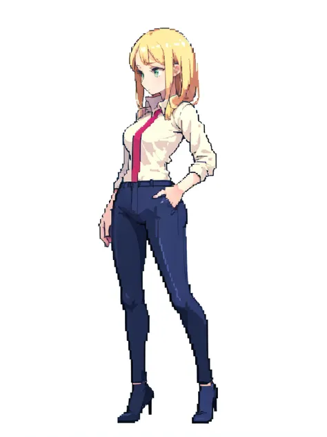 Office blonde girl wearing sexy suit, fulldetailed realistic pixelart style, fullbody, no background, casual pose, sideview