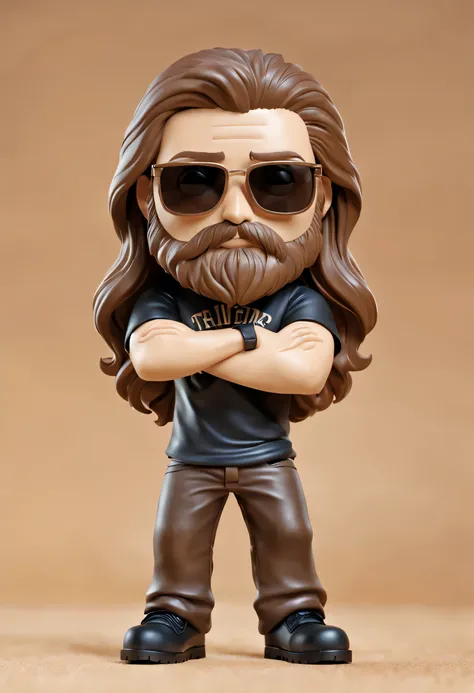 create a funko pop from a man named “ricardo”, caucasiano, cabelo muito comprido perto do castanho claro e castanho cacheado, ba...