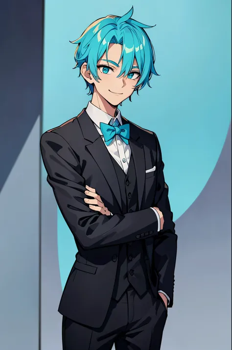 Adult skinny man, cyan hair, cyan eyes, well groomed, black suit, bow tie, smile, combed hair.