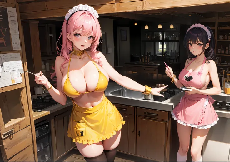 　4k, masterpiece, High resolution, (big breasts)、curvy、((Pink Thigh Socks))、(apron)、((golden bikini))、monster&#39;s habitat